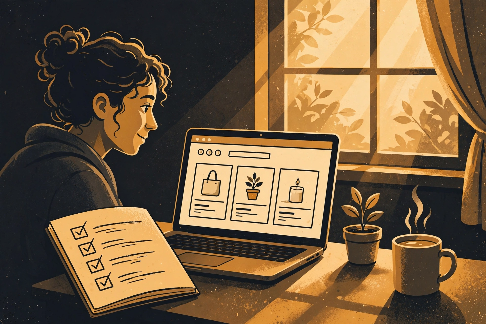 Illustration of a person at a desk building an online store on a laptop, notebook checklist beside them